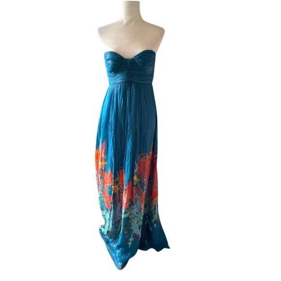 Vintage Aqua Silk Blend Fairycore Strapless Maxi Dress Floral Boho Goddess Sz 6 - Picture 2 of 16